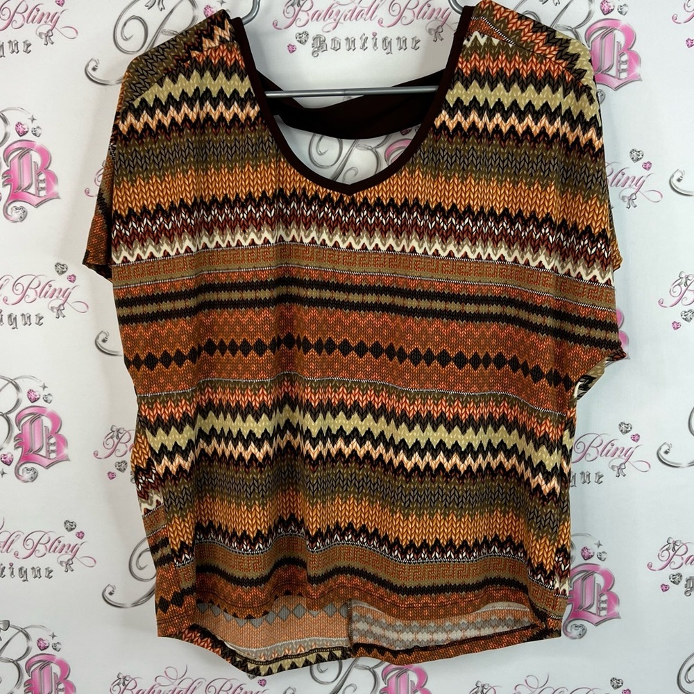 Suzy Shier tshirt strappy back Aztec Zigzag Patterned Top - Black, Brown, Orange